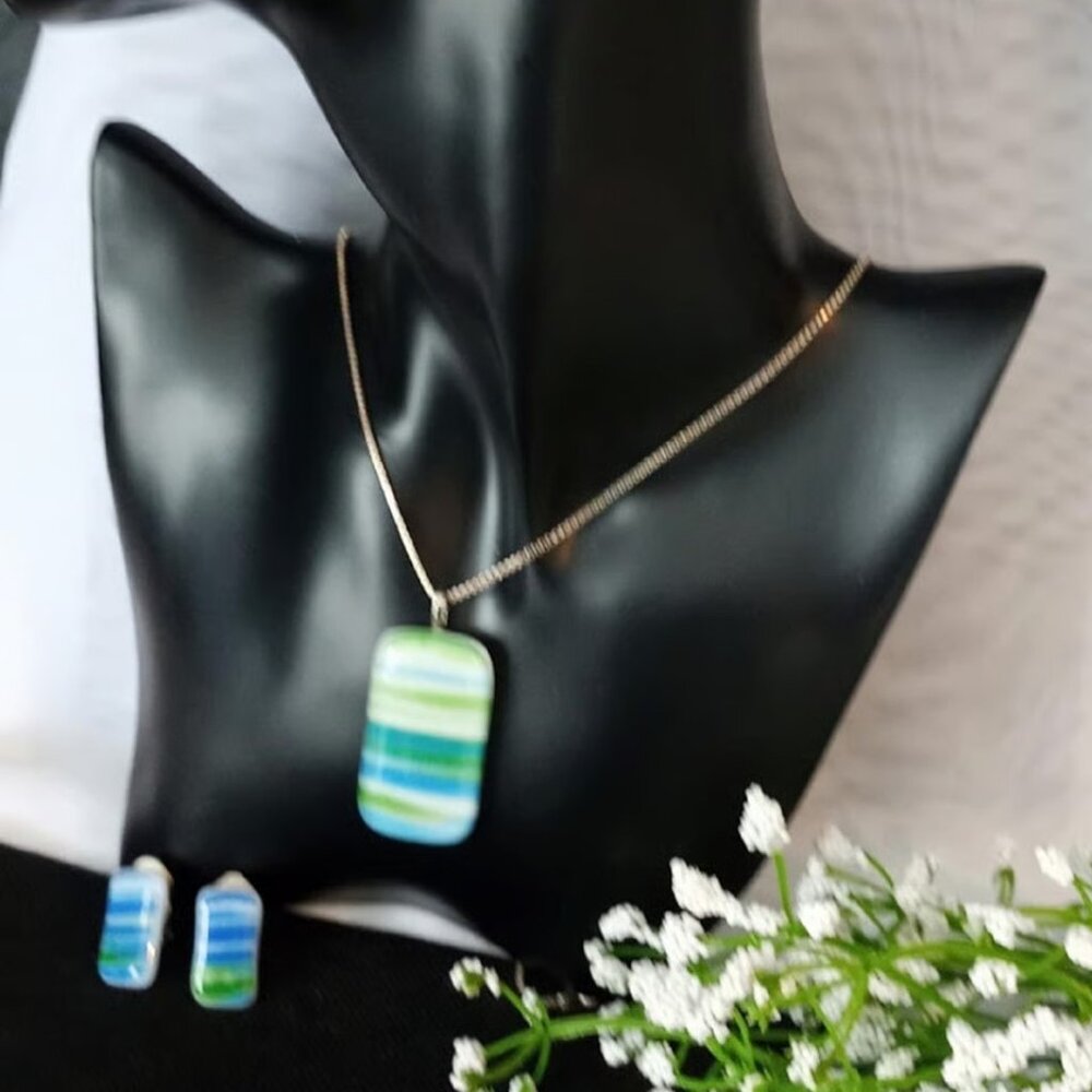 Vintage Silver Box Chain with Glass Pendant & Clip-On Earrings, Stamped Italy